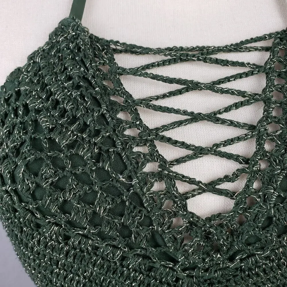 IKA-KUL Size XL Crochet Lattice Front Bikini Top Army Green Boho Festival Halter - Picture 2 of 6